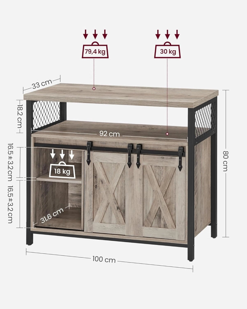VASAGLE Credenza, Mobile da Cucina, Armadietto Organizzatore, con 2 Ante Scorrevoli, 33 x 100 x 80 cm, Ripiani Regolabili, Stile Country, per Soggiorno, Greige Melange e Nero Inchiostro LSC092B02