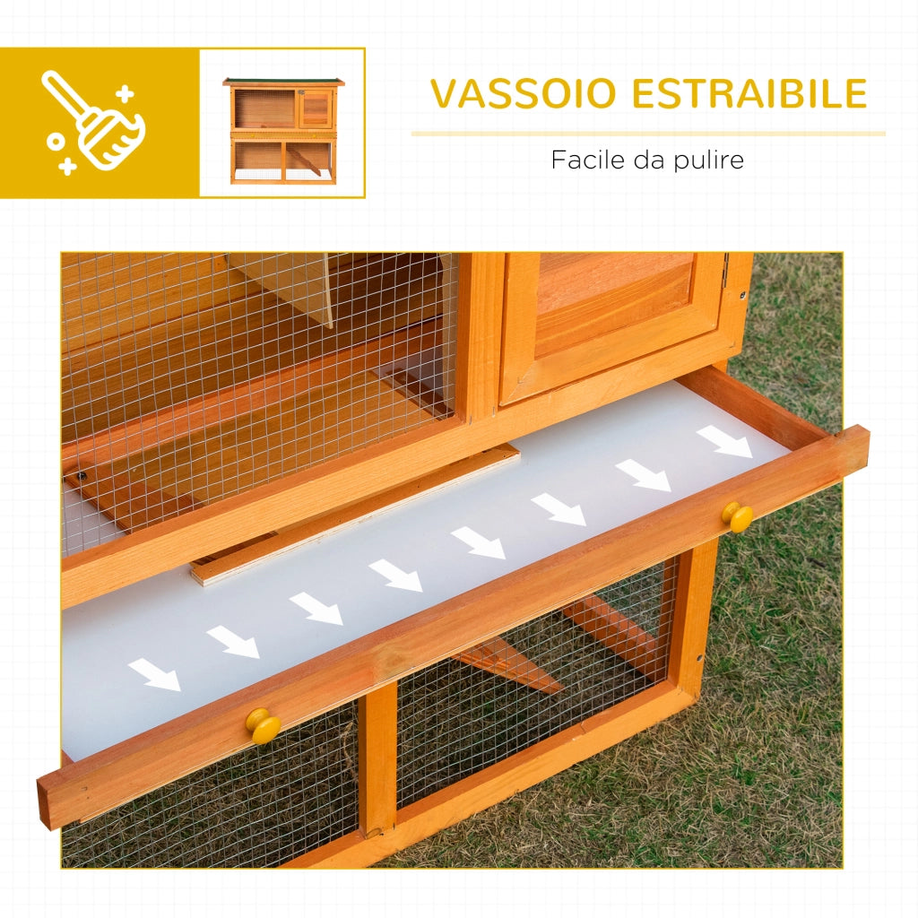 EasyComfort Gabbia per Conigli a Due Piani, Conigliera da Esterno con Casetta per Conigli in Legno di Abete, 90x45x80 cm