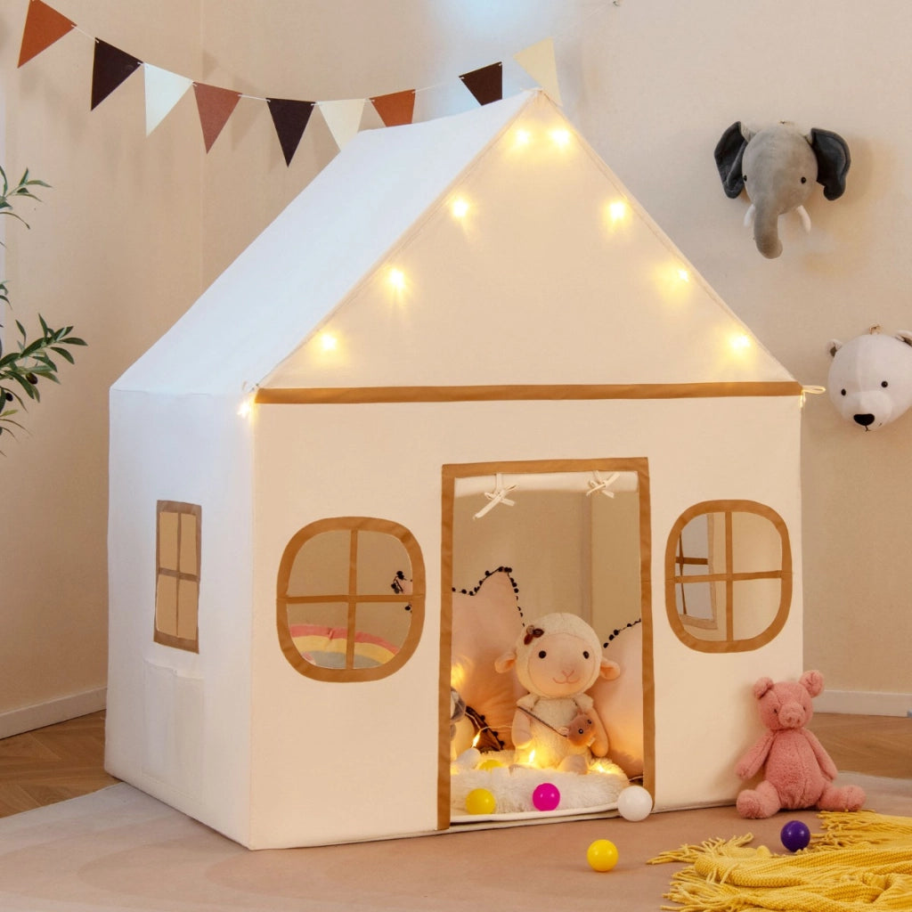 Tenda da gioco per bambini con tenda porta e finestre e luci a stella-Tenda da interno per bambini e bambine 3-10 anni Caff¨¨