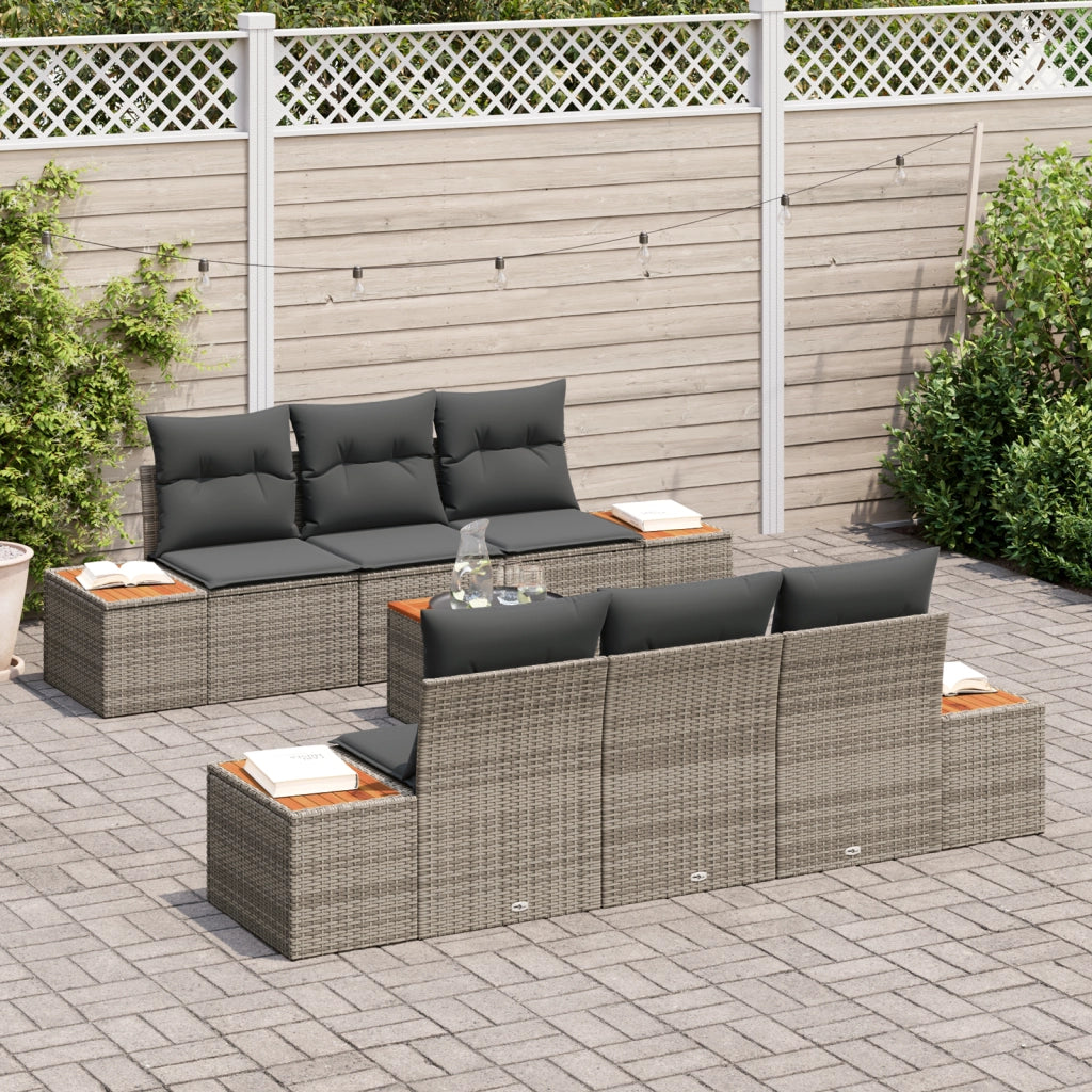 Set Divano Giardino 7 Pezzi Cuscini Grigio Polyrattan Acacia