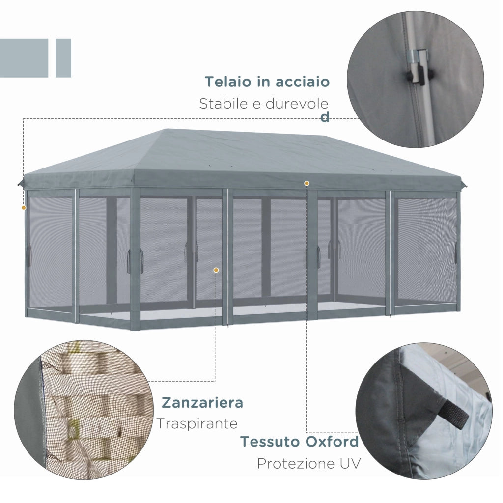 Gazebo da Giardino 600x300 cm Pieghevole con 6 Zanzariere e Pulsante in Acciaio e Poliestere Grigio