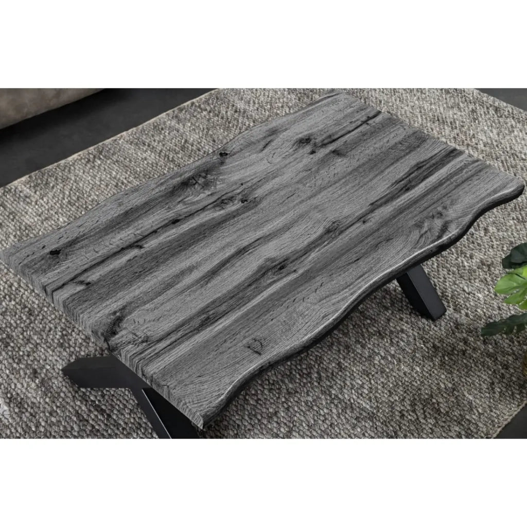 Tavolino basso RIVET effetto legno grigio e gambe in metallo nero a X – tavolo design industriale moderno