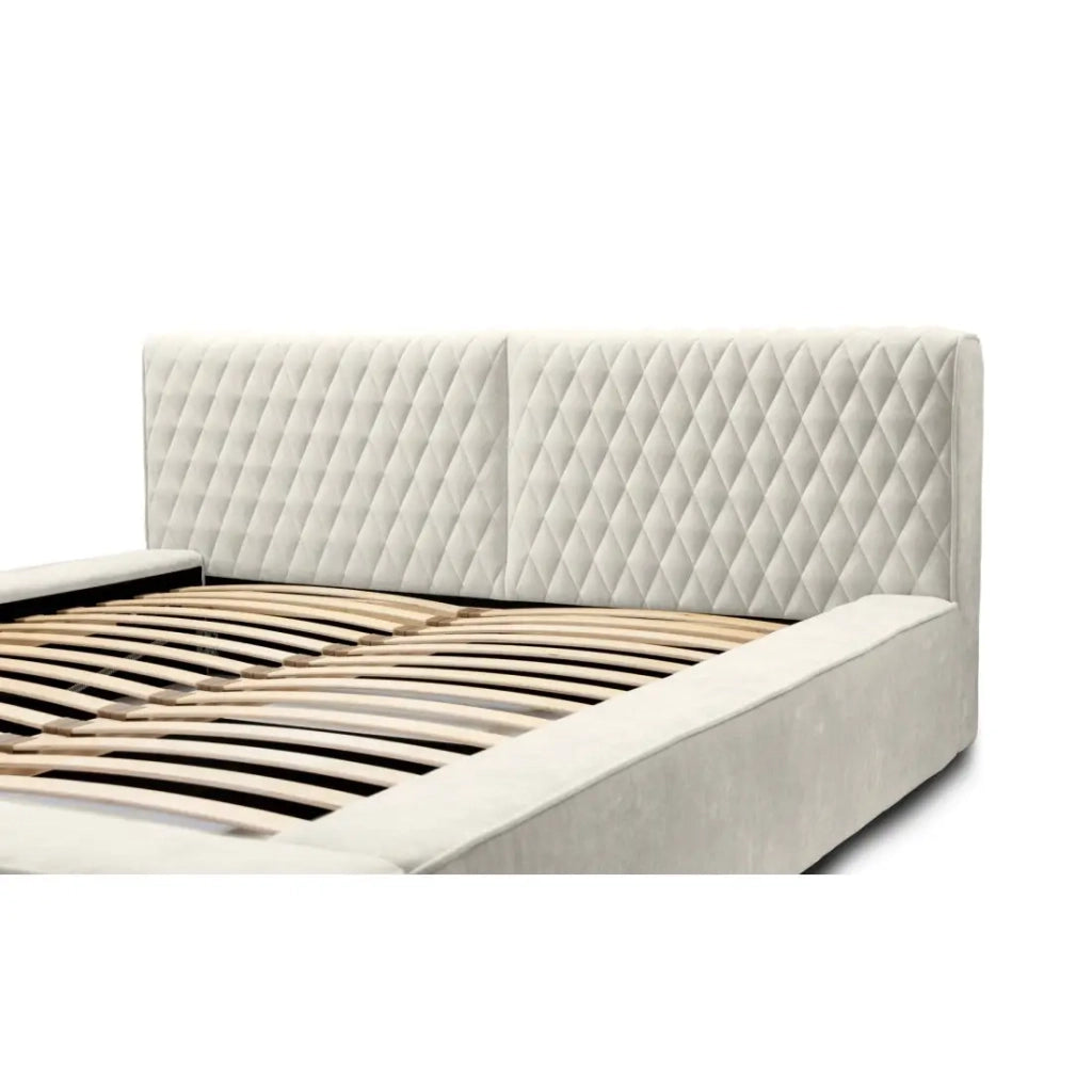 Lit coffre VERNON – Tessuto bouclé in ciniglia di lino naturale – 180x200 cm – Rete a doghe sollevabile – Design di alta gamma