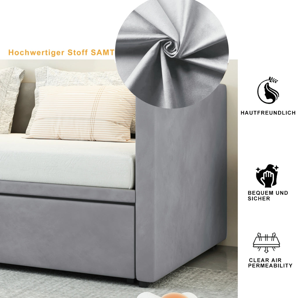 Letto divano estraibile 90 × 200 cm et 180 × 200 cm con rete, 2 posti, senza materasso, grigio