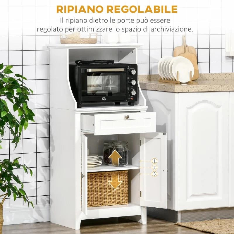 MOBILE CUCINA PER MICROONDE CON CASSETTO E ARMADIETTO 2 ANTE, 60X40X122.5 CM, BIANCO