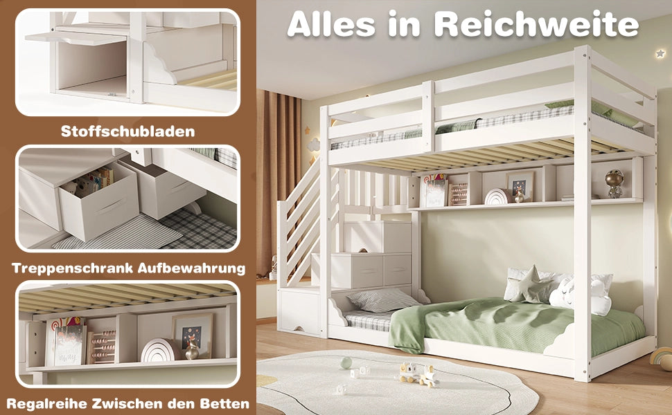 LETTO a castello 90x200 cm in legno bianco con armadio scala e contenitori
