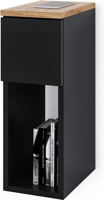 Comodino con caricabatterie - Piccola tavola da notte nera - Dimensioni B20 x H55 x D30 cm