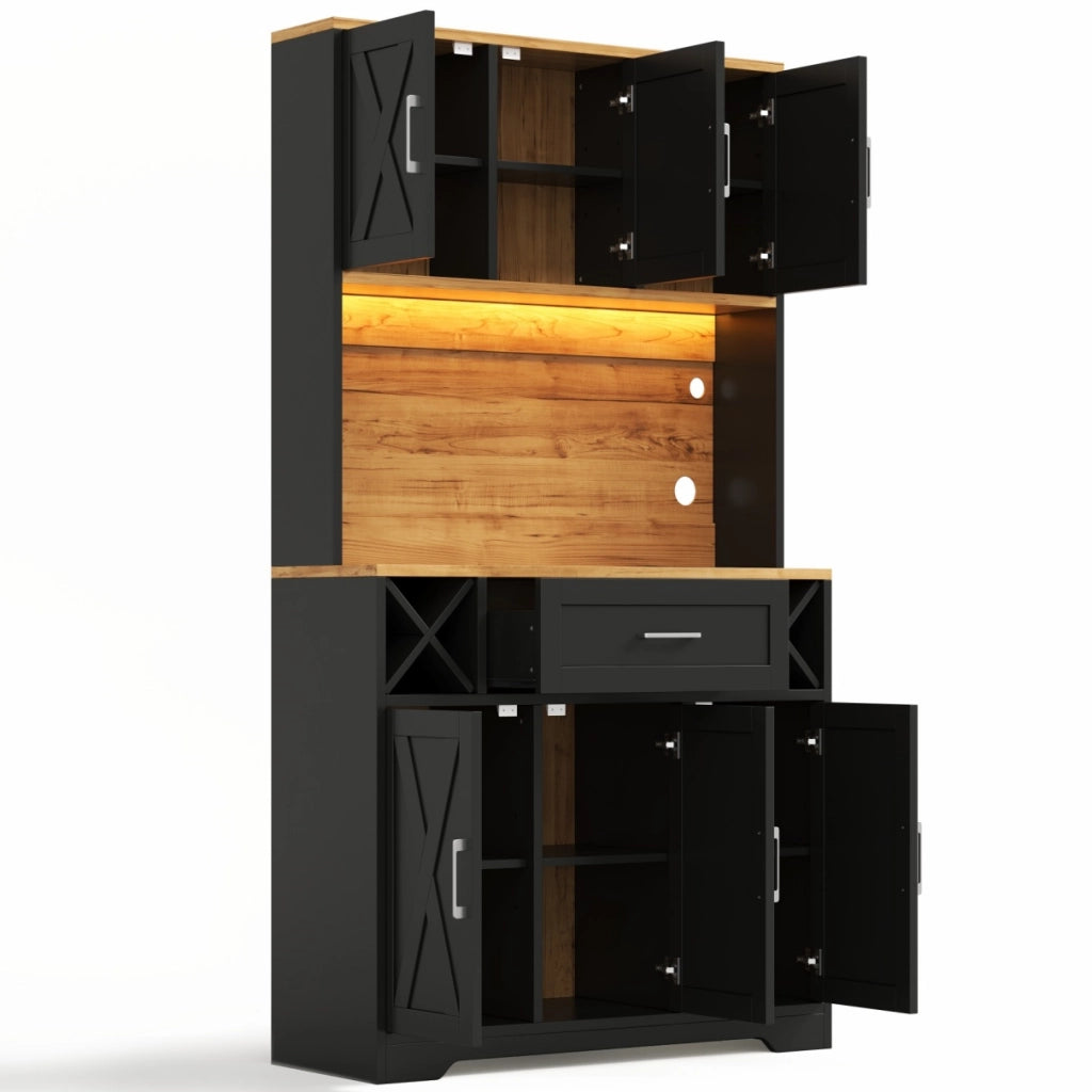 Mobile cucina 105x40x180 cm con LED RGB e prese integrate in MDF naturale e nero