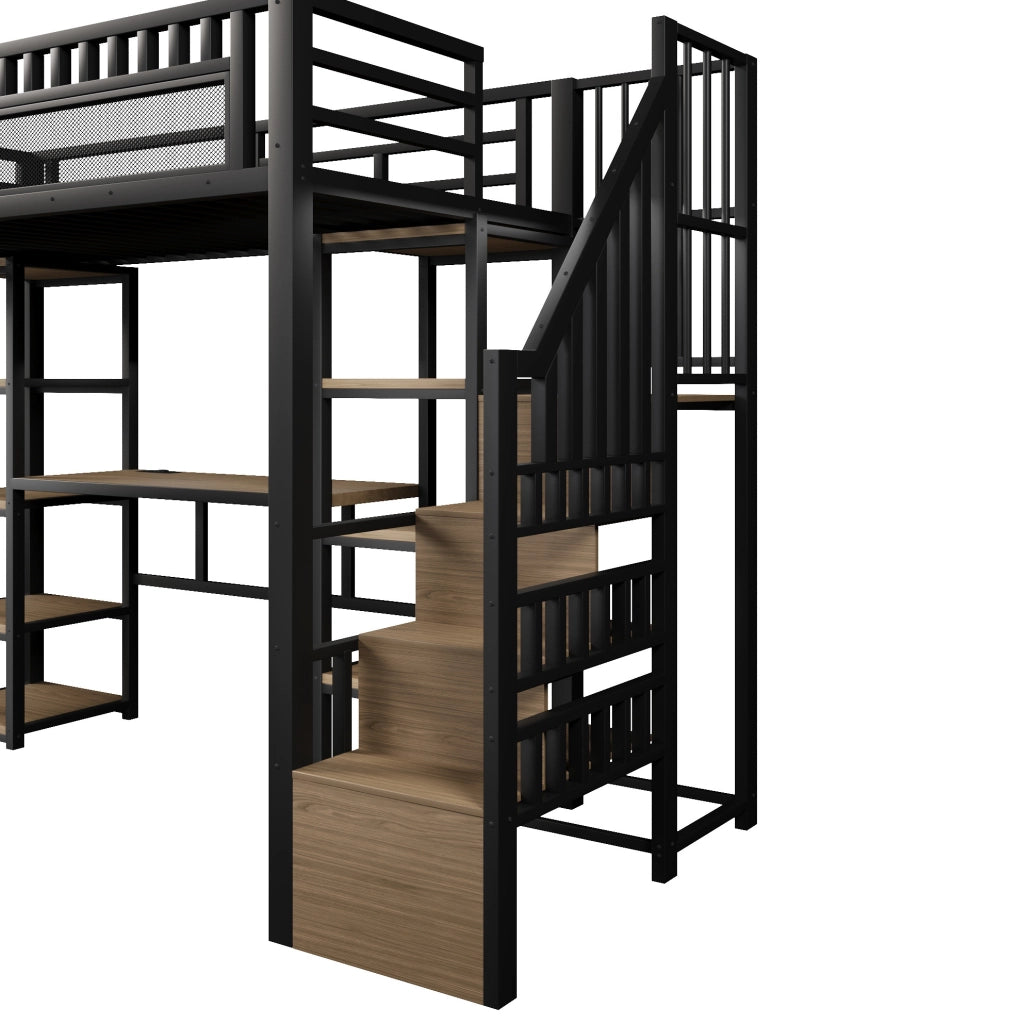 Letto a soppalco 90x200 cm con scrivania; LED; USB e scala contenitore; nero