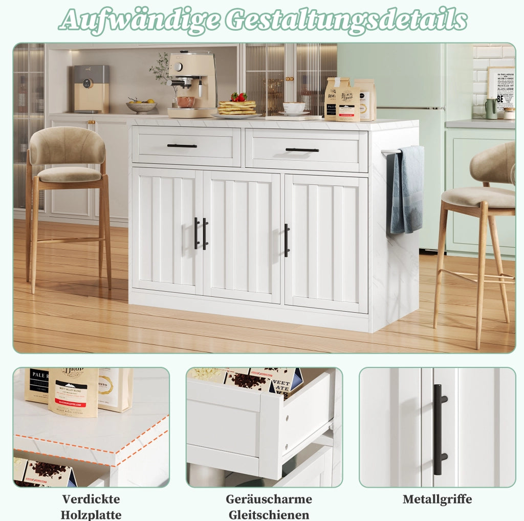 Isola cucina 120x60x91 cm con piano bar, prese e USB, 2 cassetti, 3 ante e ripiani regolabili