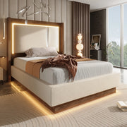LETTO 90x200 cm con LED, contenitore idraulico, lino beige e noce