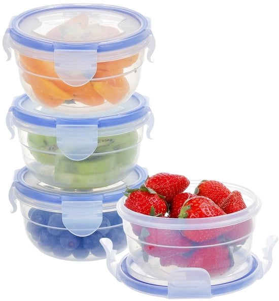 Set di contenitori alimentari 4 in 1, 0,3L, con coperchio, plastica, rotondi, BPA-free, piccoli, stivellabili, a tenuta di aria, lavastoviglie, microonde e congelatore resistenti (blu)
