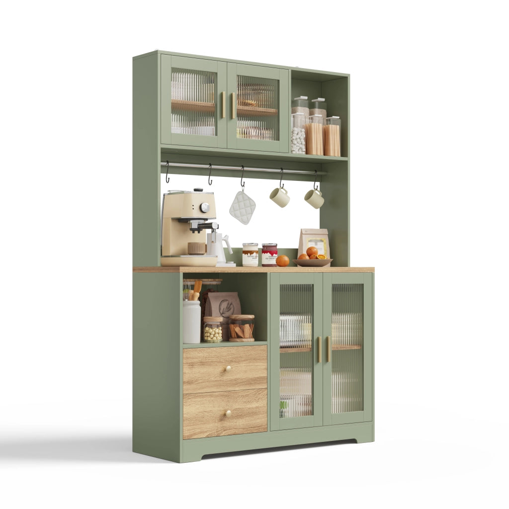 Credenza alta da cucina 110×40×178 cm con vetrina in vetro temperato, LED RGB, prese USB e ripiani regolabili, verde anticato