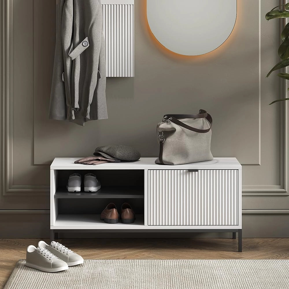 Panca scarpiera da ingresso Eliza, Bianco, 100 x 45 cm con porta a soffietto