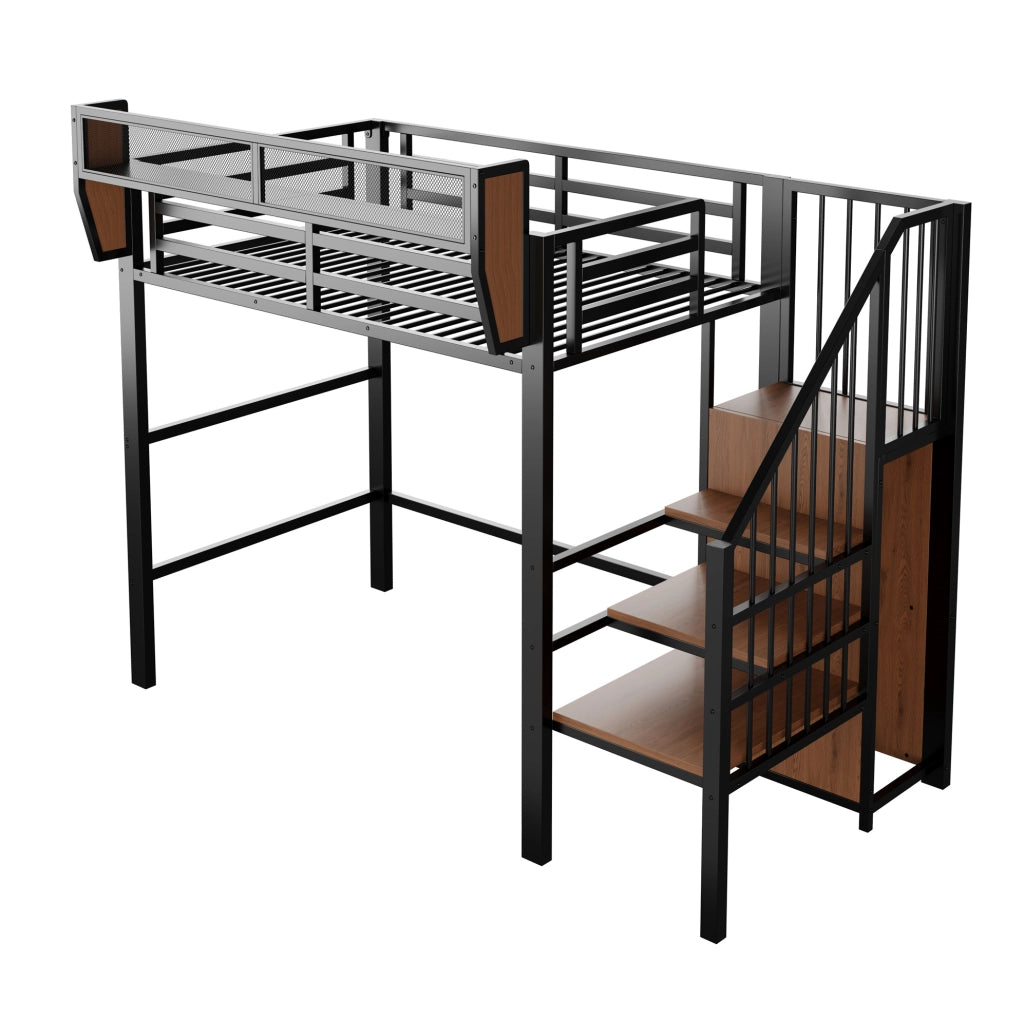 Letto a soppalco 90x200 cm con LED e scala di sicurezza in metallo nero