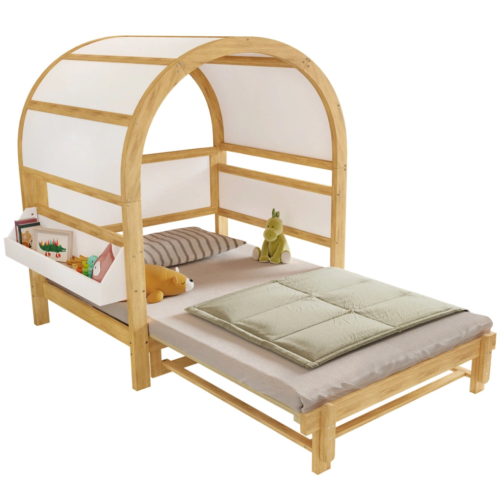 Letto 140x200 cm con letto estraibile e tetto ad arco in legno bianco e naturale