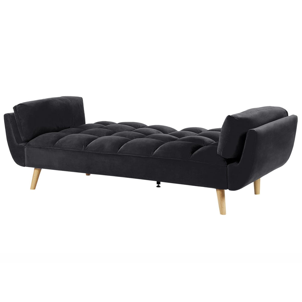 Divano Letto Tessuto Velluto Nero 3 Posti Gambe In Legno Imbottitura In Schiuma Imbottitura Biscuit Schienale Diviso
