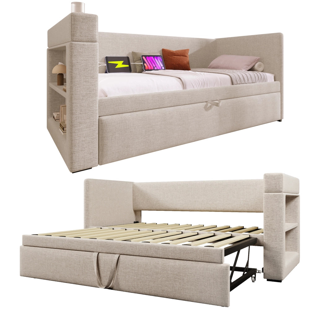 Letto Estraibile 90x190 cm - USB; Type-C e Portabicchieri - in Tessuto - Beige