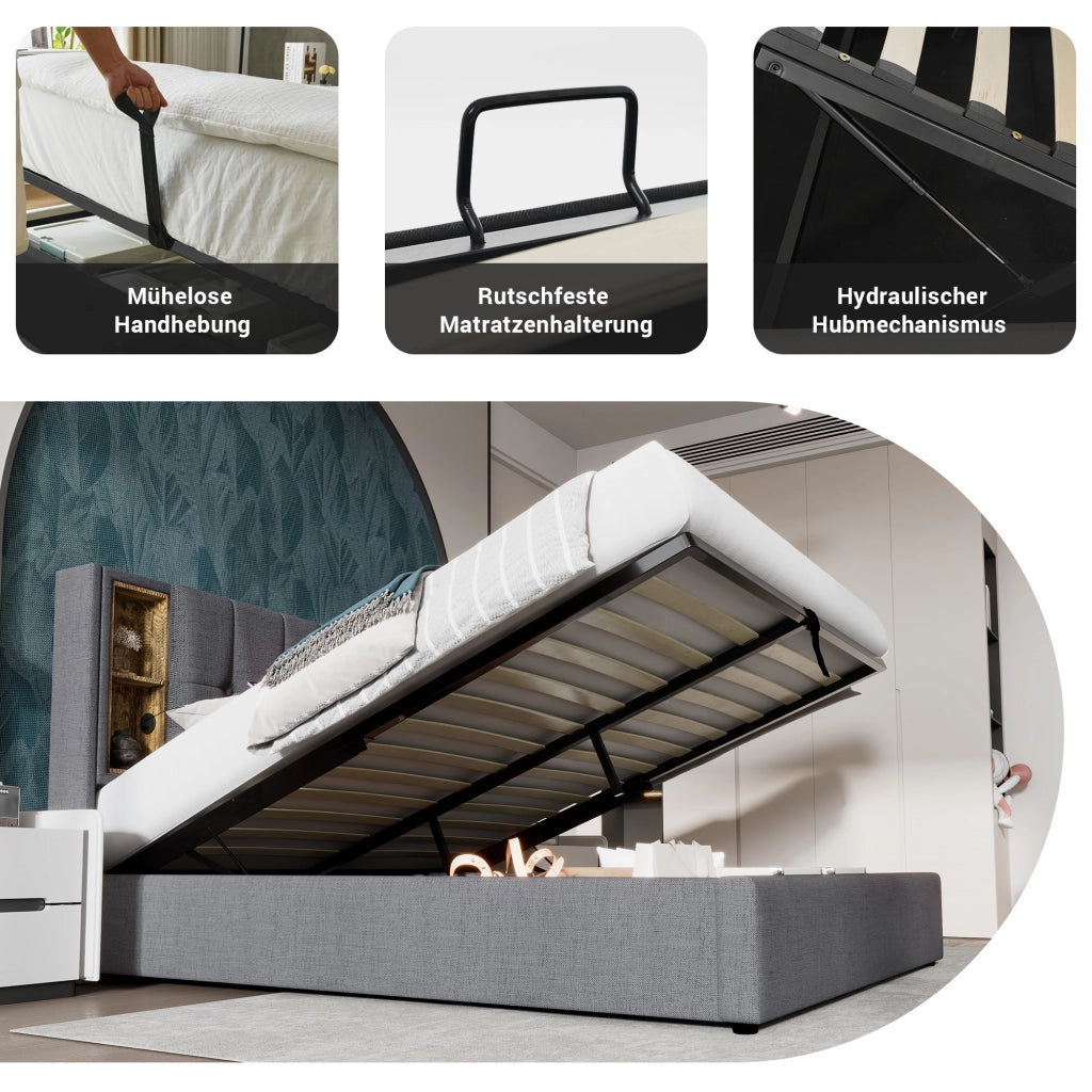 LETTO imbottito 160x200 cm grigio in cotone con ricarica wireless e USB