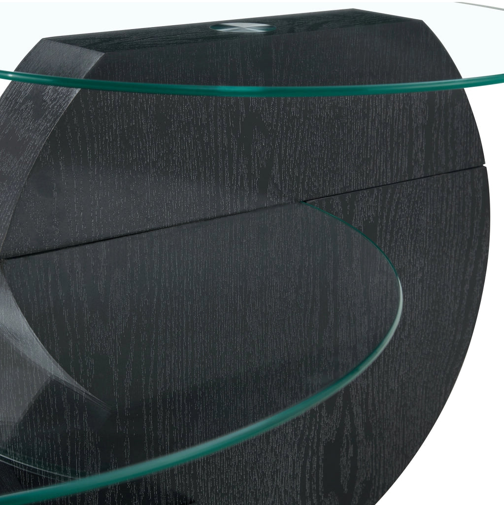 Tavolino basso nero e trasparente; vetro di sicurezza e MDF con ripiani multipli