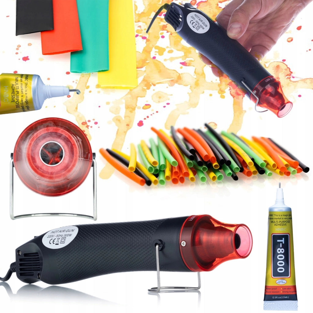 Mini Pistola Termica Hot-air 300W – Set con Colla Universale T-8000 15ml e 164 Tubetti Termorestringenti | Precisione e