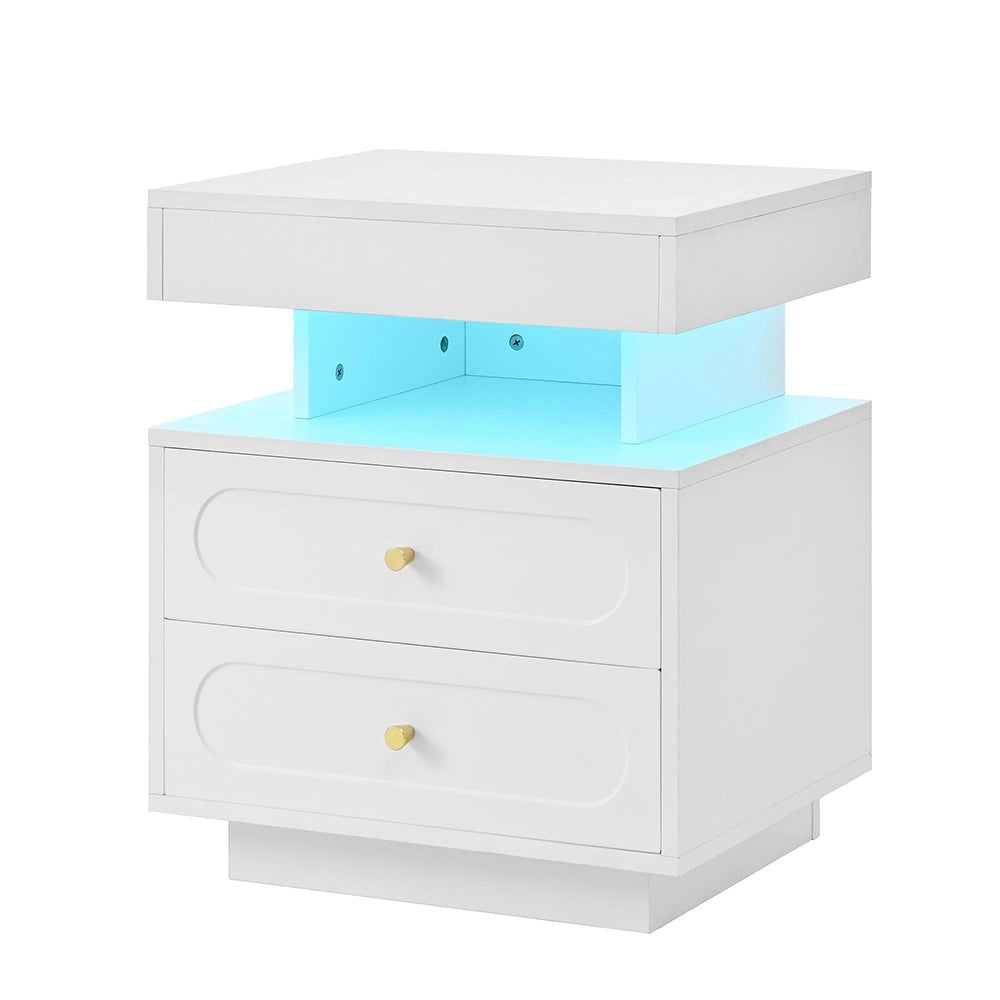 Comodino con Luci LED 50x40x60cm - Xylo - 2 Cassetti, 1 Ripiano Aperto, Bianco