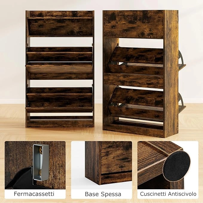 Scarpiera Slim in Legno, Portascarpe a 4 Livelli con 2 Cassetti a Ribalta, con Ripiano Aperto, Mobile Porta Scarpe per Ingresso Corridoio, 60x24x102 cm (Marrone)