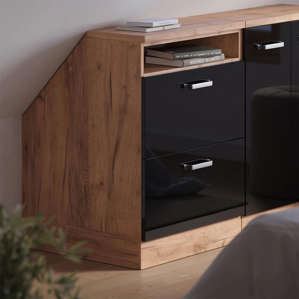 Mobile sottotetto Rion, Nero lucido, 60 x 81.6 cm con 2 cassetti, carcassa 60 cm profondità, adatto per il salvaspazio sotto tetti spioventi