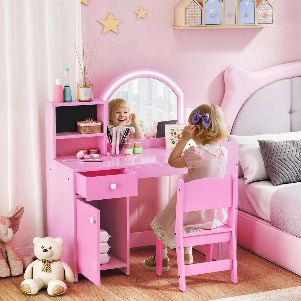 Tavolo da trucco bambini con sgabello e specchio LED ¨C zephmum ¨C rosa 88,6x38,8x96,9 cm