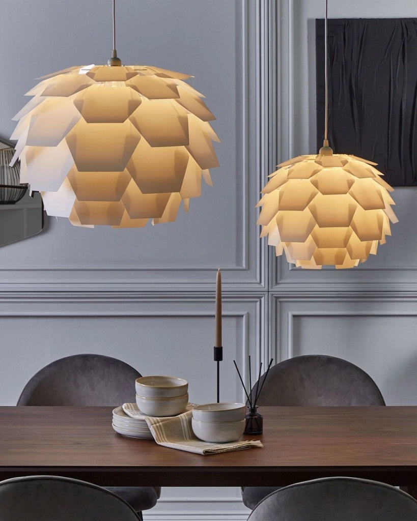 Lampadario Lampada a Sospensione con paralume a globo in plastica bianca a forma di pigna