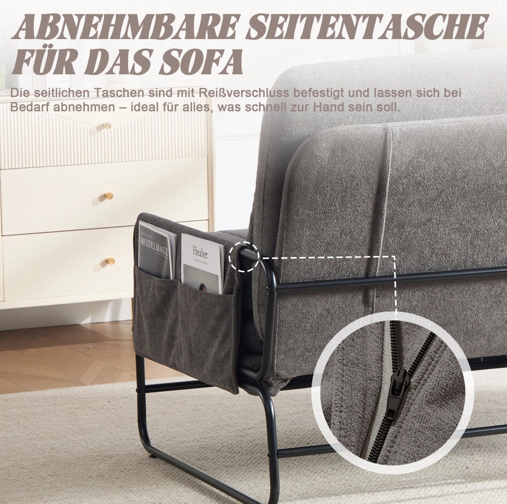 Divano letto 2 posti convertibile con struttura in metallo; chenille grigio; 104x85x92 cm