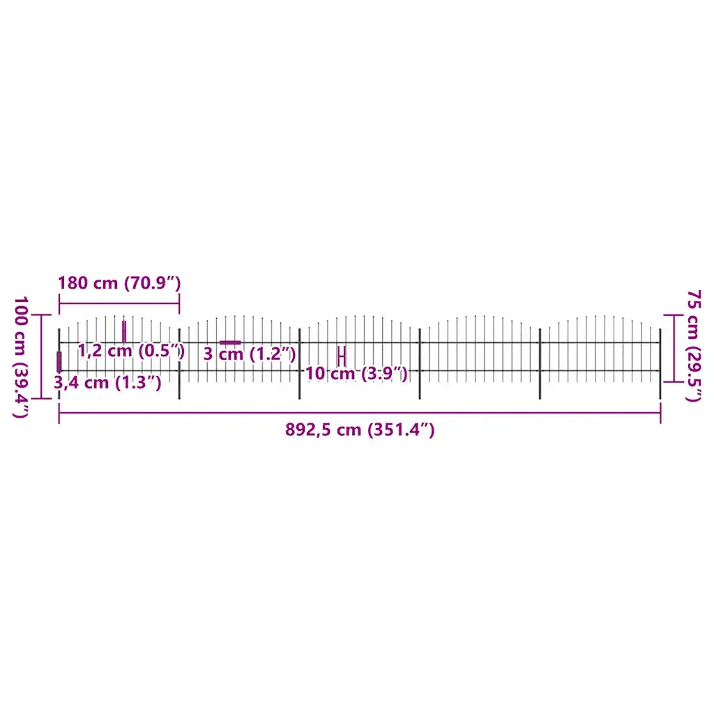 Recinzione da Giardino con Punta a Lancia in Acciaio 892,5x100 cm Nero 277716