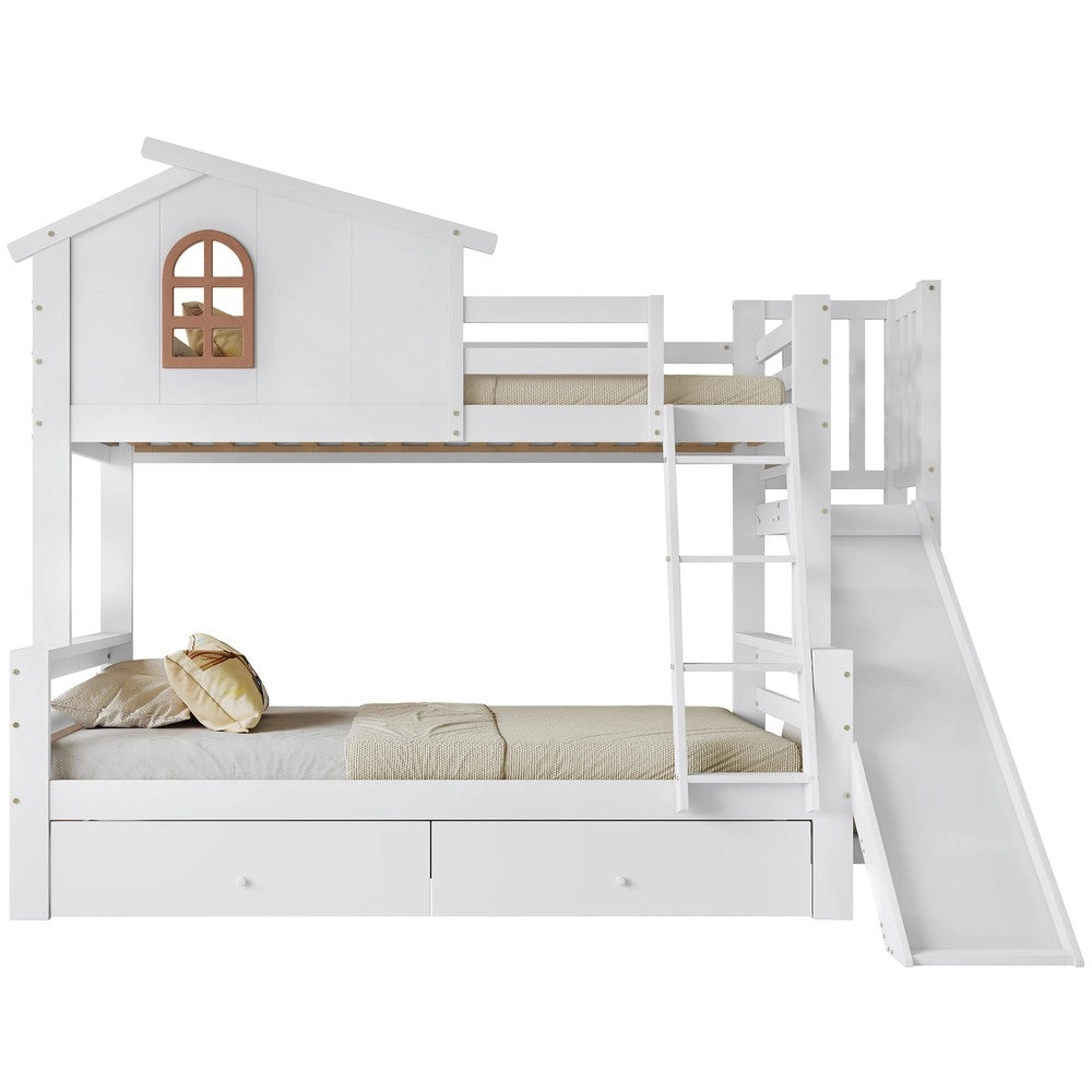 Letto a Castello con Scivolo e Cassetti ¨C MINIMAL ¨C Legno Massello Bianco 90x200 & 120x200