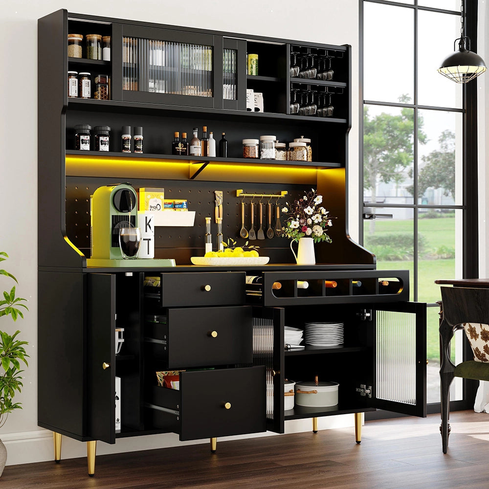 Armadio alto per soggiorno - Xylo - 145¡Á39¡Á171 cm - Nero - Ripiani regolabili, illuminazione LED, cassetto porta bottiglie