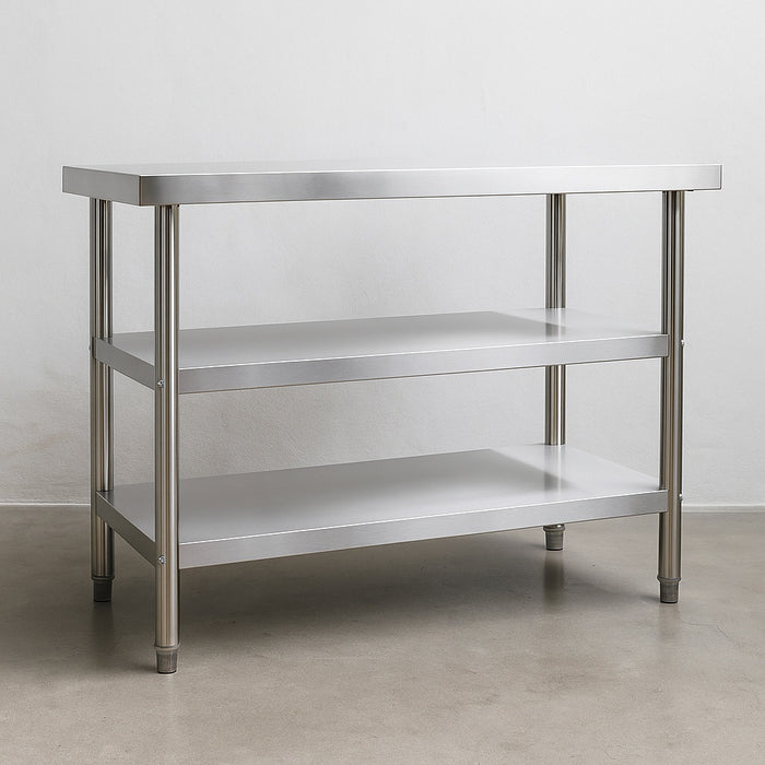 Tavolo da lavoro in acciaio inox 120 x 60 x 85 cm con 2 ripiani inferiori e piedi regolabili