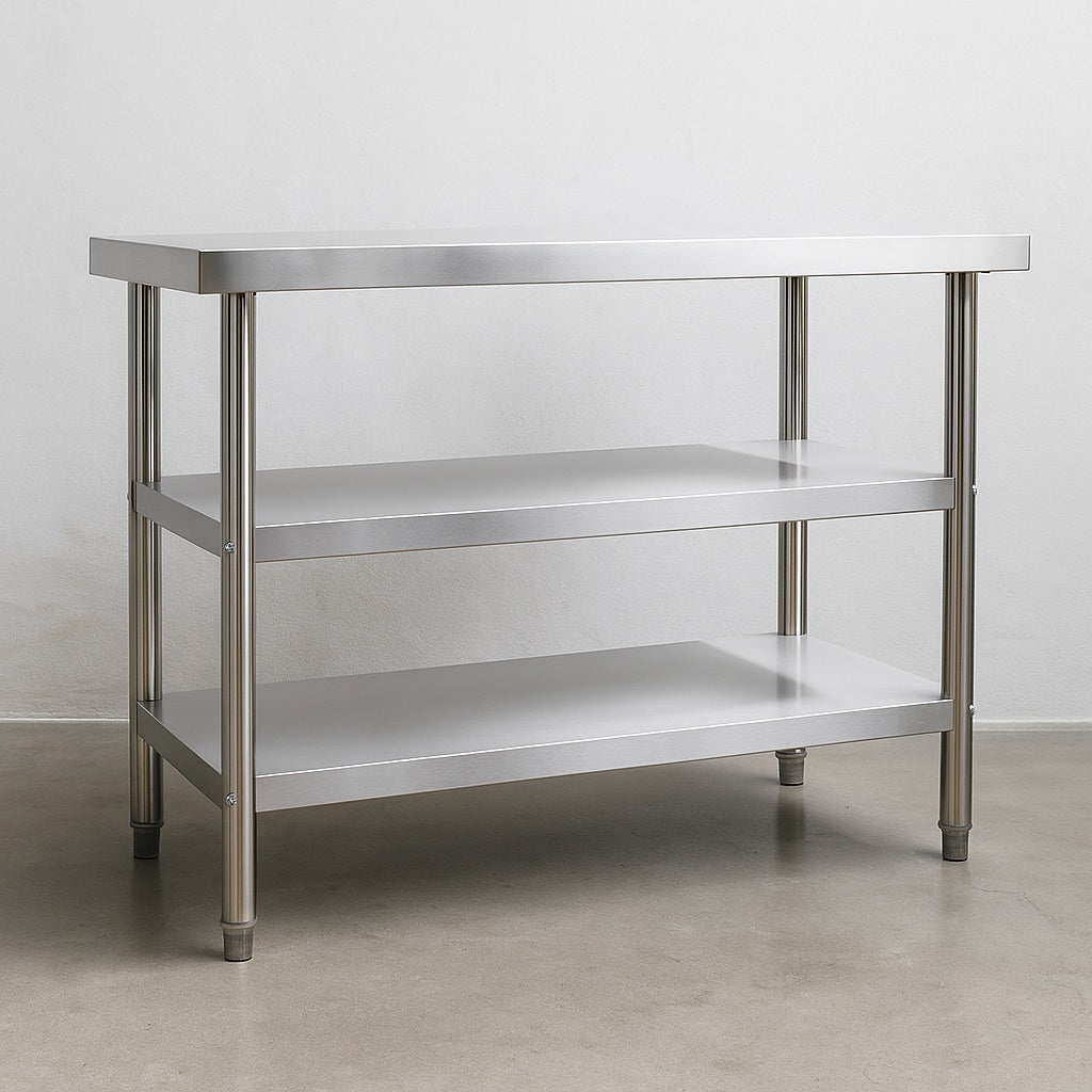 Tavolo da lavoro in acciaio inox 120 x 60 x 85 cm con 2 ripiani inferiori e piedi regolabili
