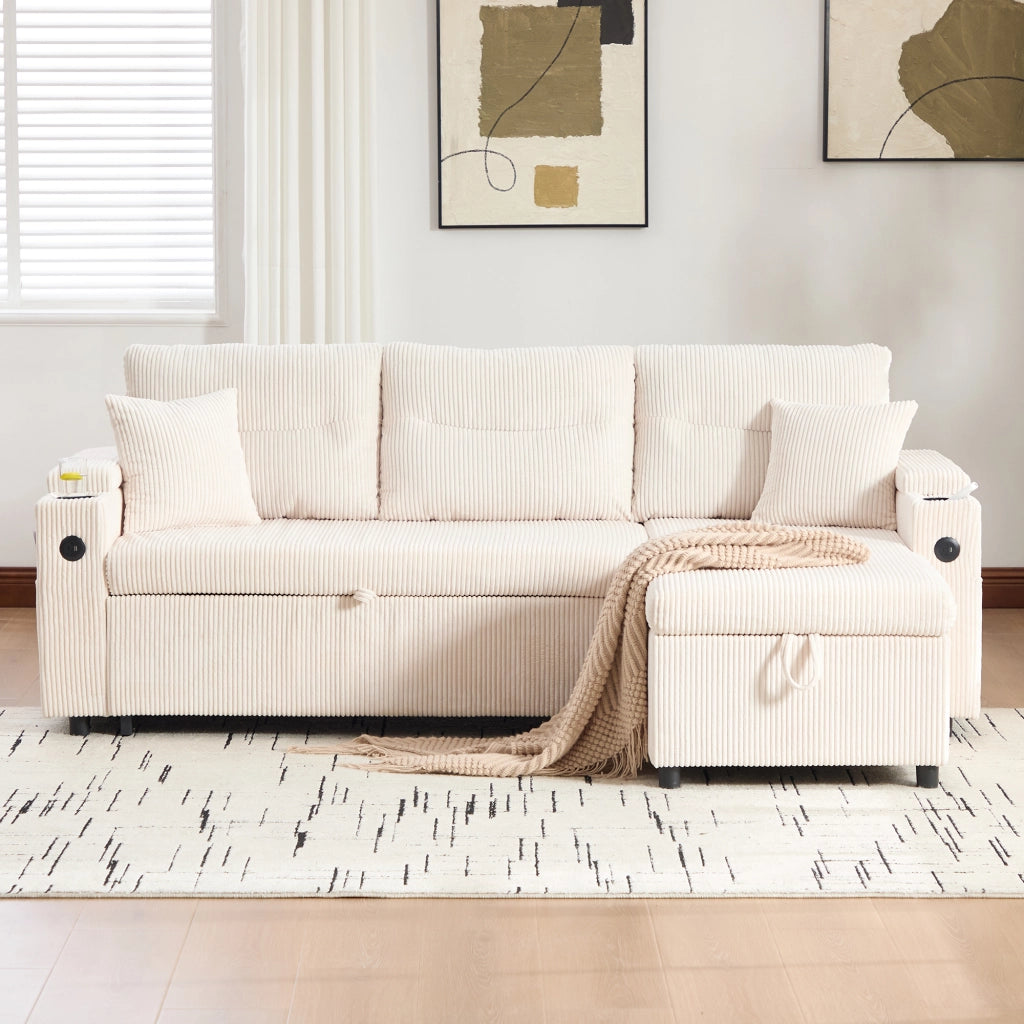Divano modulare convertibile con letto estraibile chaise longue idraulica porta usb tipo c e vano in velluto beige