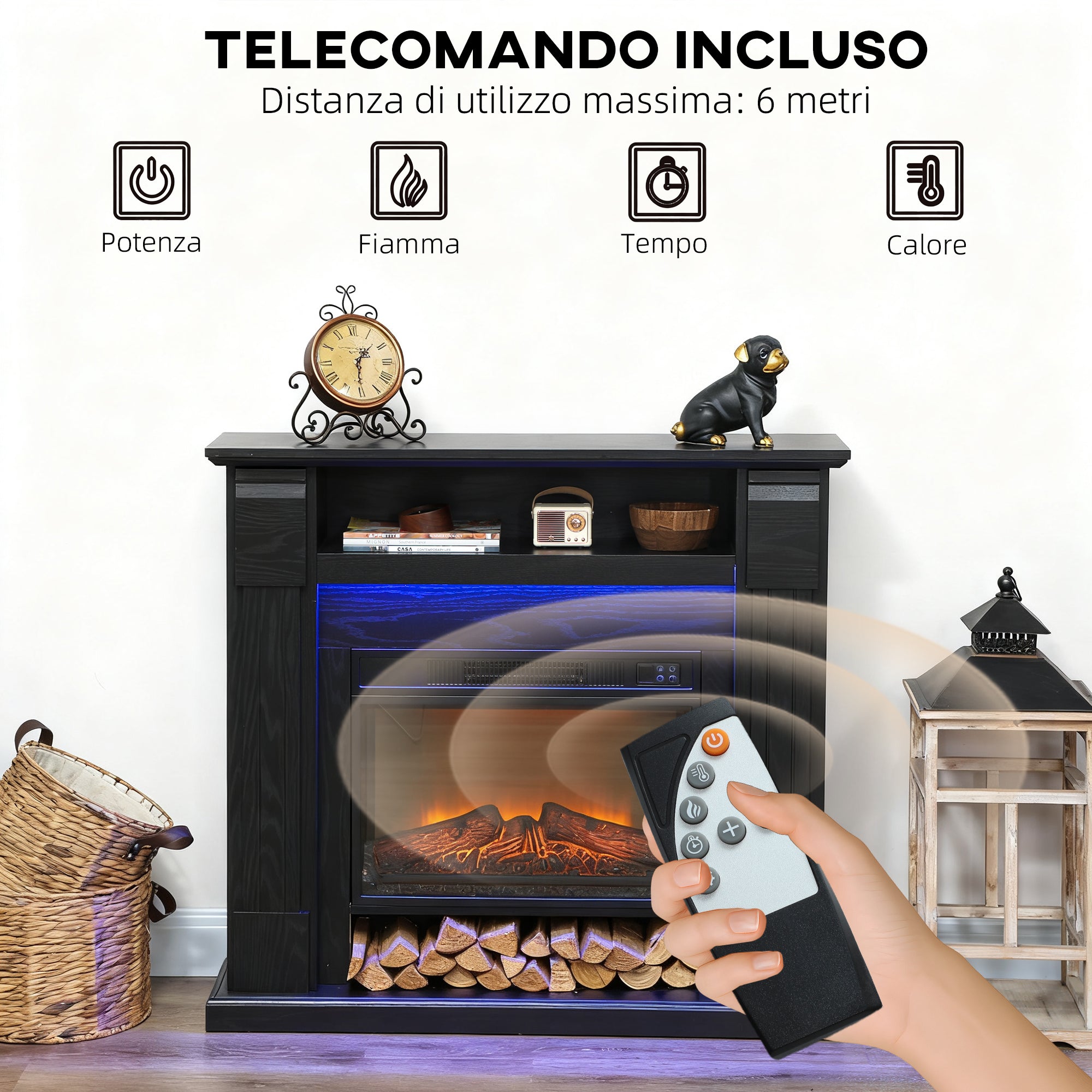Camino Elettrico da Pavimento 105x27x97 cm 1800W Regolabile con Fiamma 3D Timer e Telecomando Nero