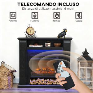 Camino Elettrico da Pavimento 105x27x97 cm 1800W Regolabile con Fiamma 3D Timer e Telecomando Nero