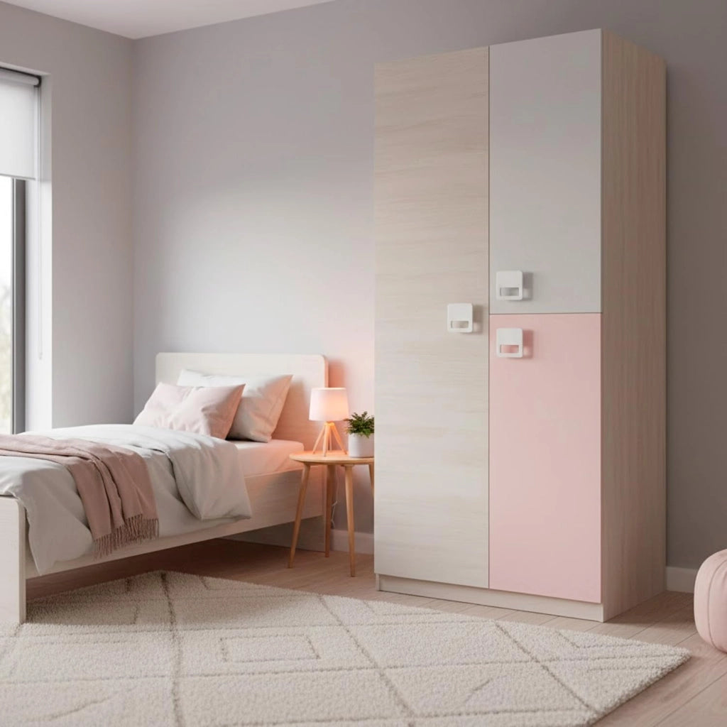 Armadio A 3 Ante Per Camera Ragazzi Con Barra Appendiabiti E 3 Ripiani Design Moderno Salvaspazio 200 X 52 X 90 Cm Bianco Alpi Grigio E Rosa