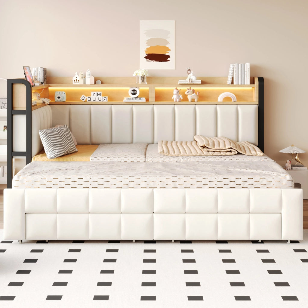 Divano letto imbottito 90x200 cm estensibile in 180x200 cm con contenitori, cassetti, LED e porte USB/Type-C, velluto beige