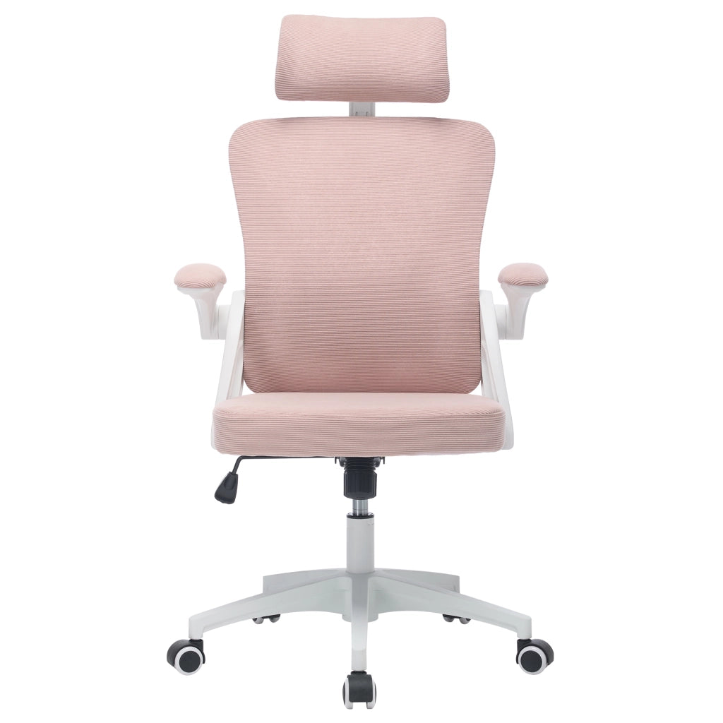 Sedia da ufficio ergonomica in rete con supporto lombare regolabile, braccioli pieghevoli e ruote silenziose rosa