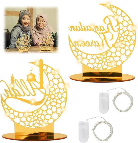 Decorazione di Festa - 2 Pezzi Ornamento Acrilica Stella Luna Lampada Luminaria Tavola Decorazione Ramadan Luna Lampada da Tavolo Decorazione Interna