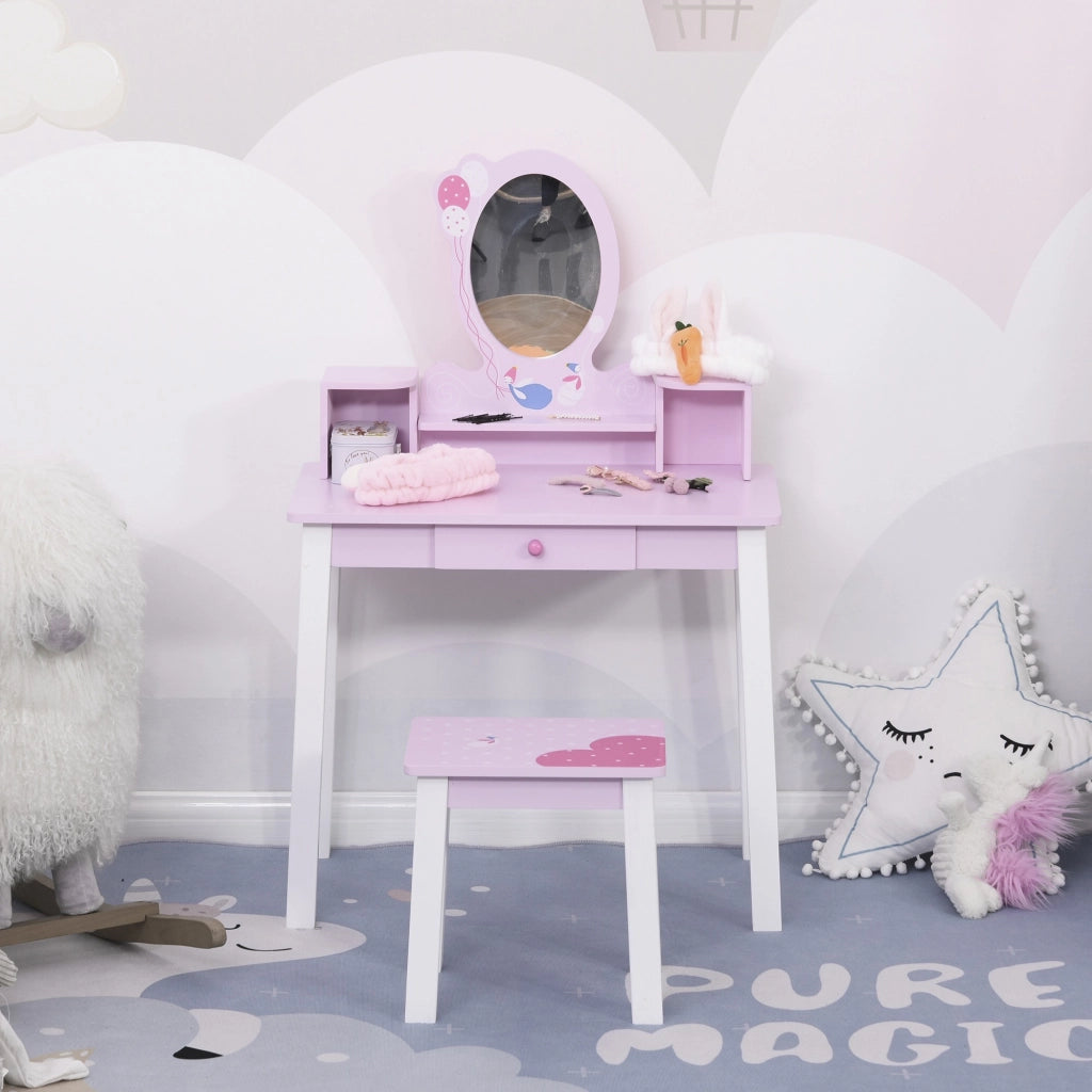 EasyComfort Toeletta per Bambine +3 Anni in Legno, Set Tavolo da Trucco Giocattolo con Specchio e Sgabello, Rosa