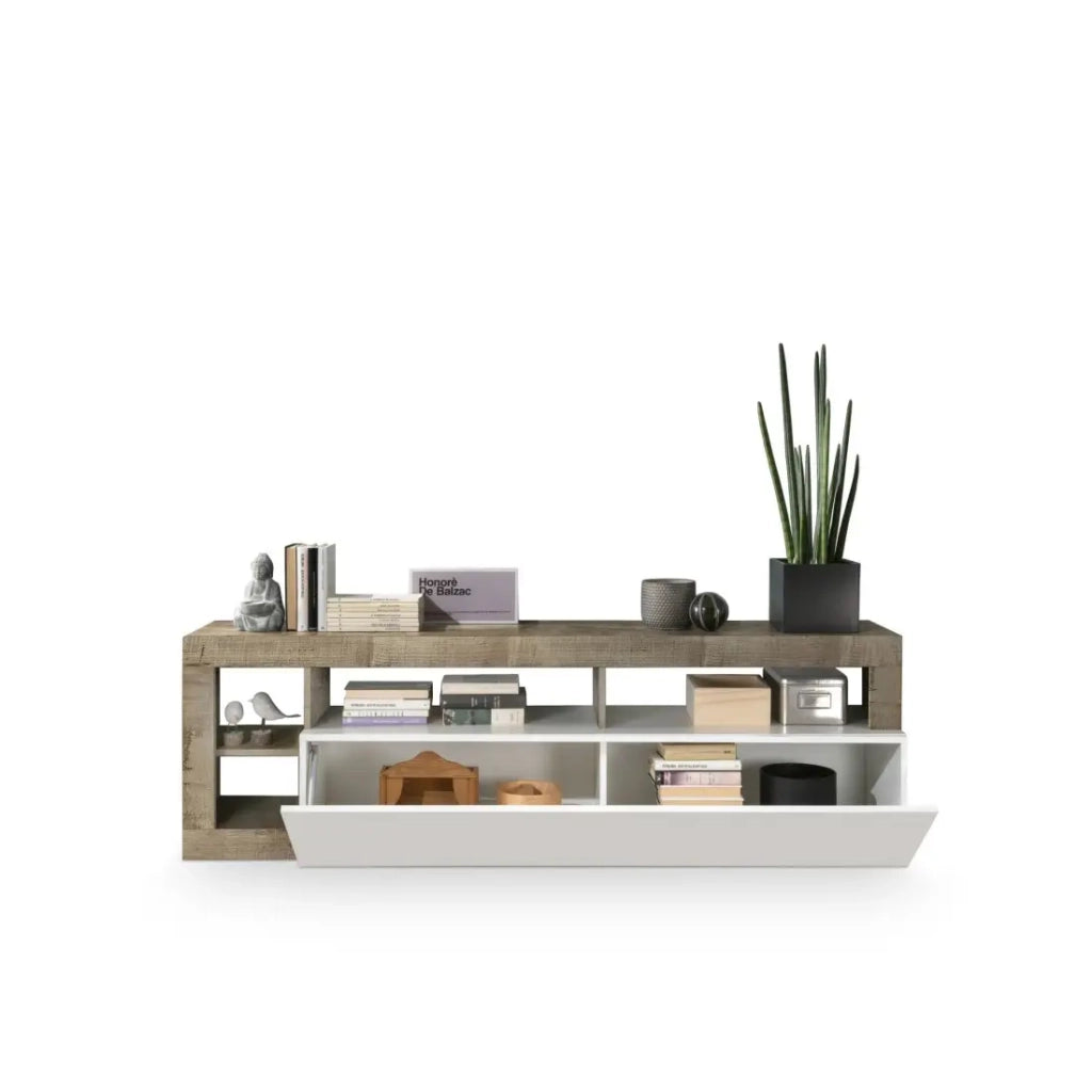Mobile porta TV 1 anta, collezione BURA, colore bianco lucido laccato e rovere chiaro