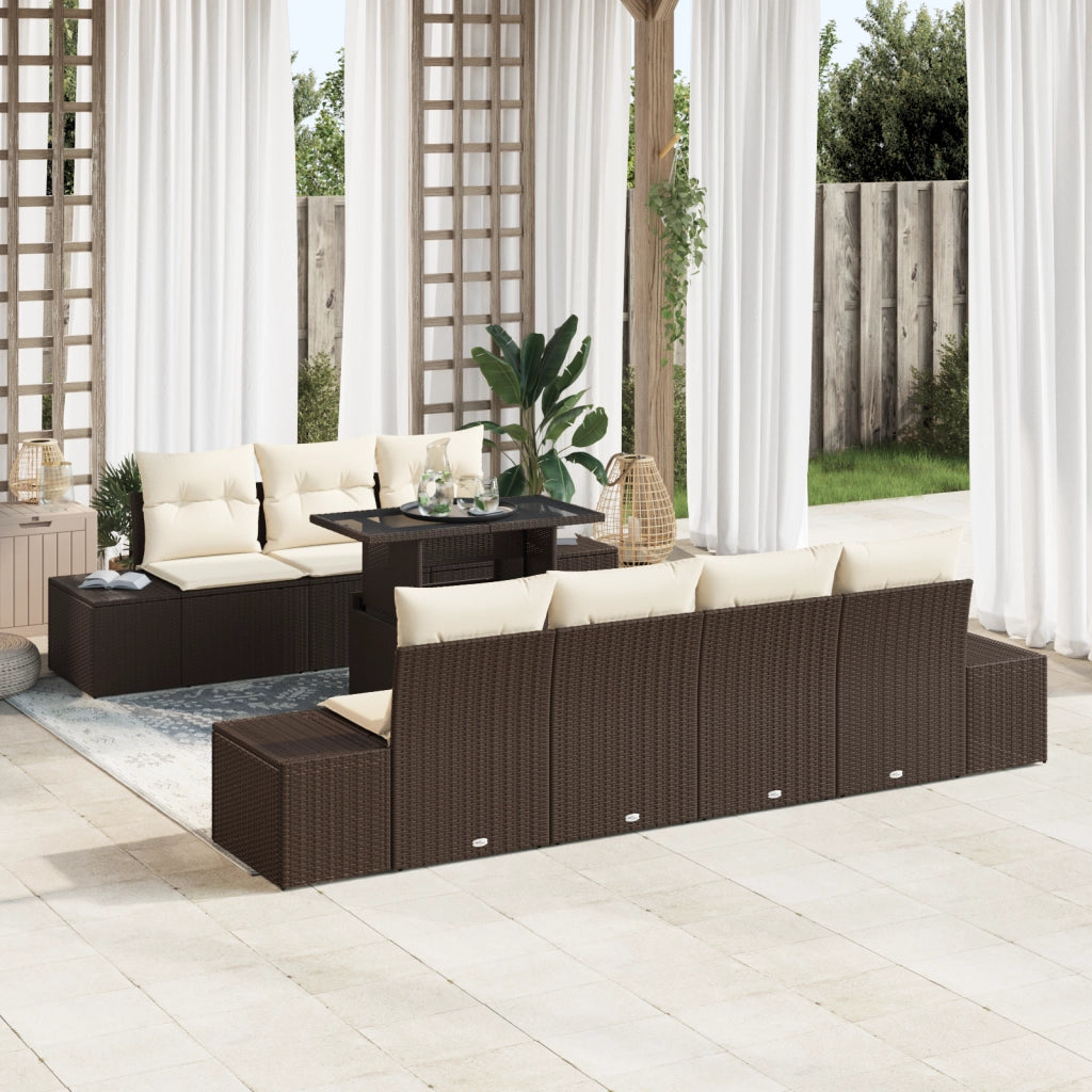 Set di divano da giardino 8 pezzi con coperte marrone in polirattan