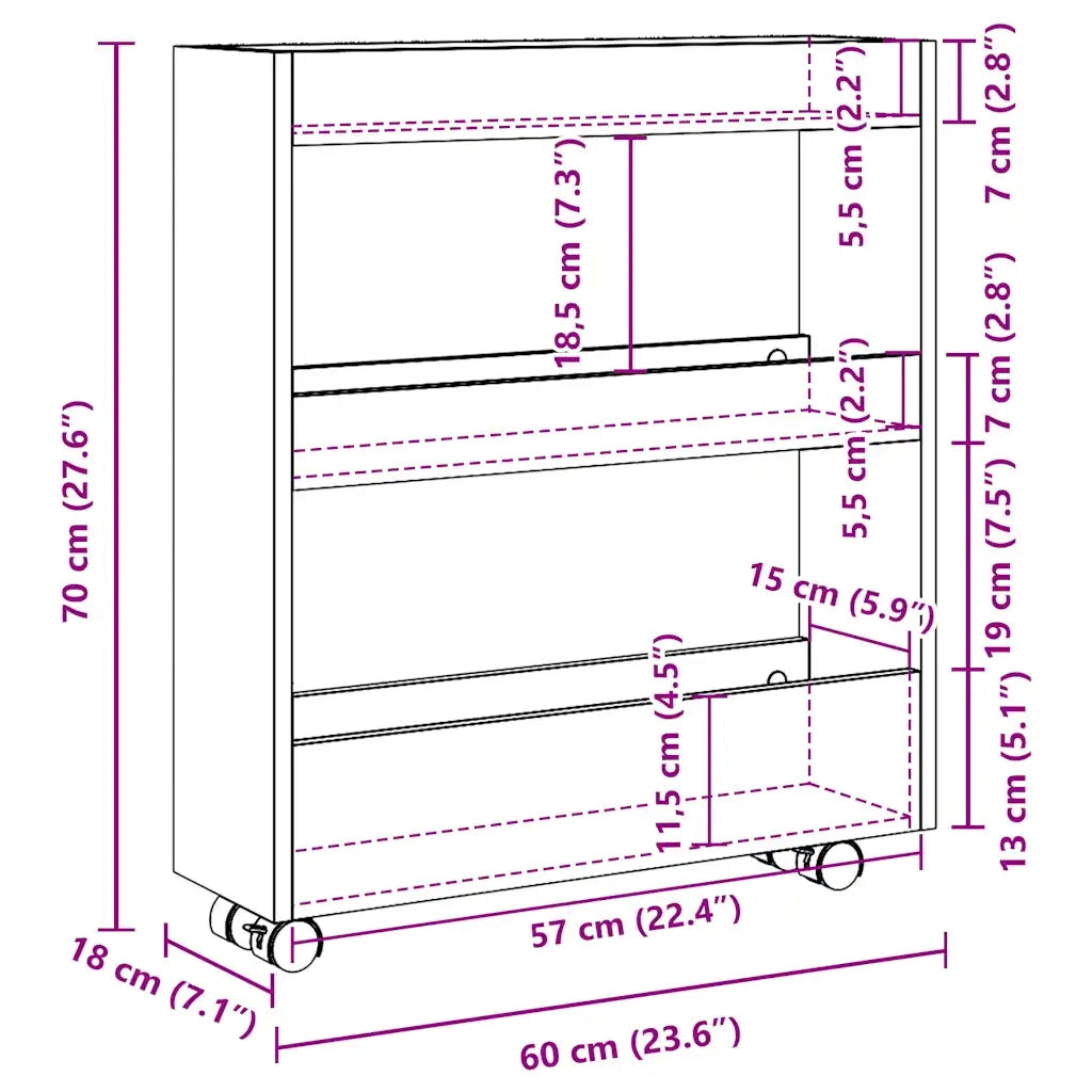 Carrello Stretto a 3 Livelli Legno Vecchio in Truciolato CFW5787374