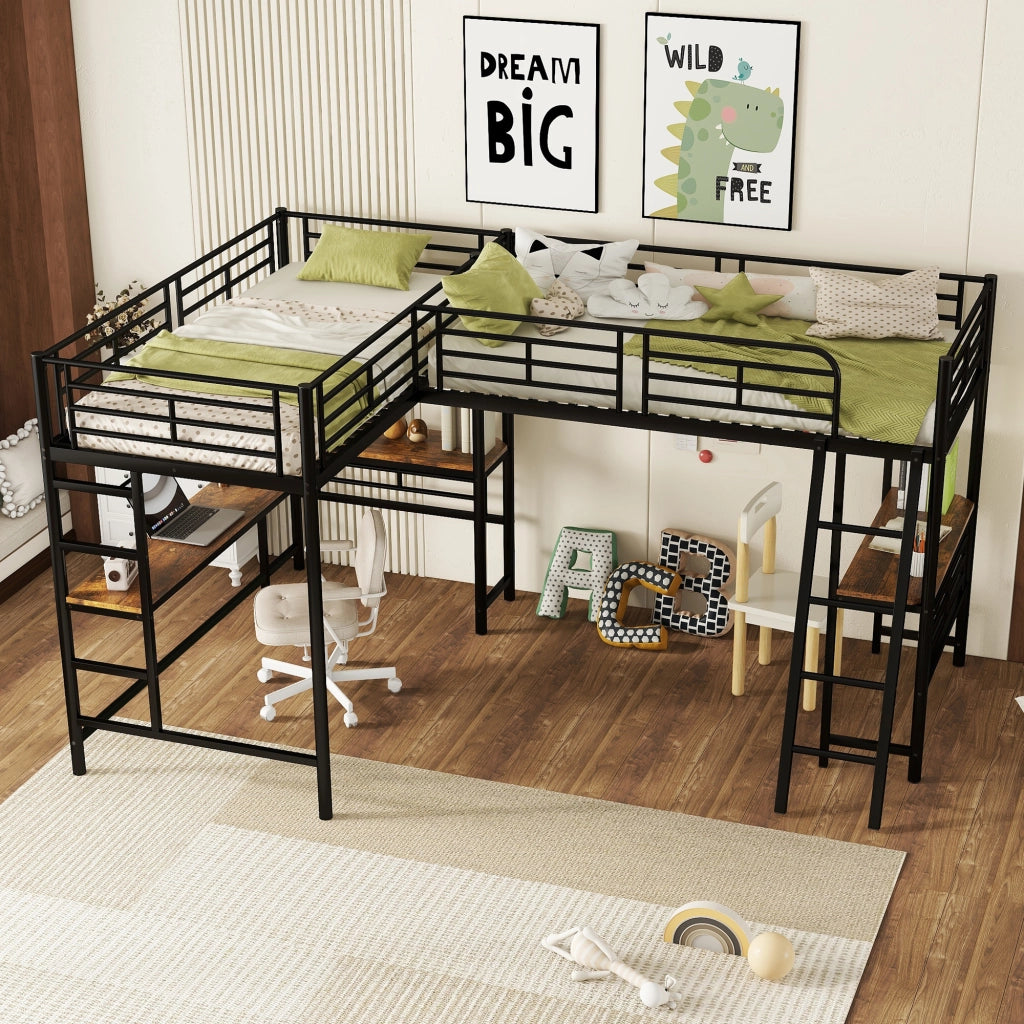 OKWISH Letto a Soppalco 90×200 cm, Letto Singolo con Scrivania, Doppia Scala e Sponda Alta, senza Materasso, MDF e Metallo, Nero