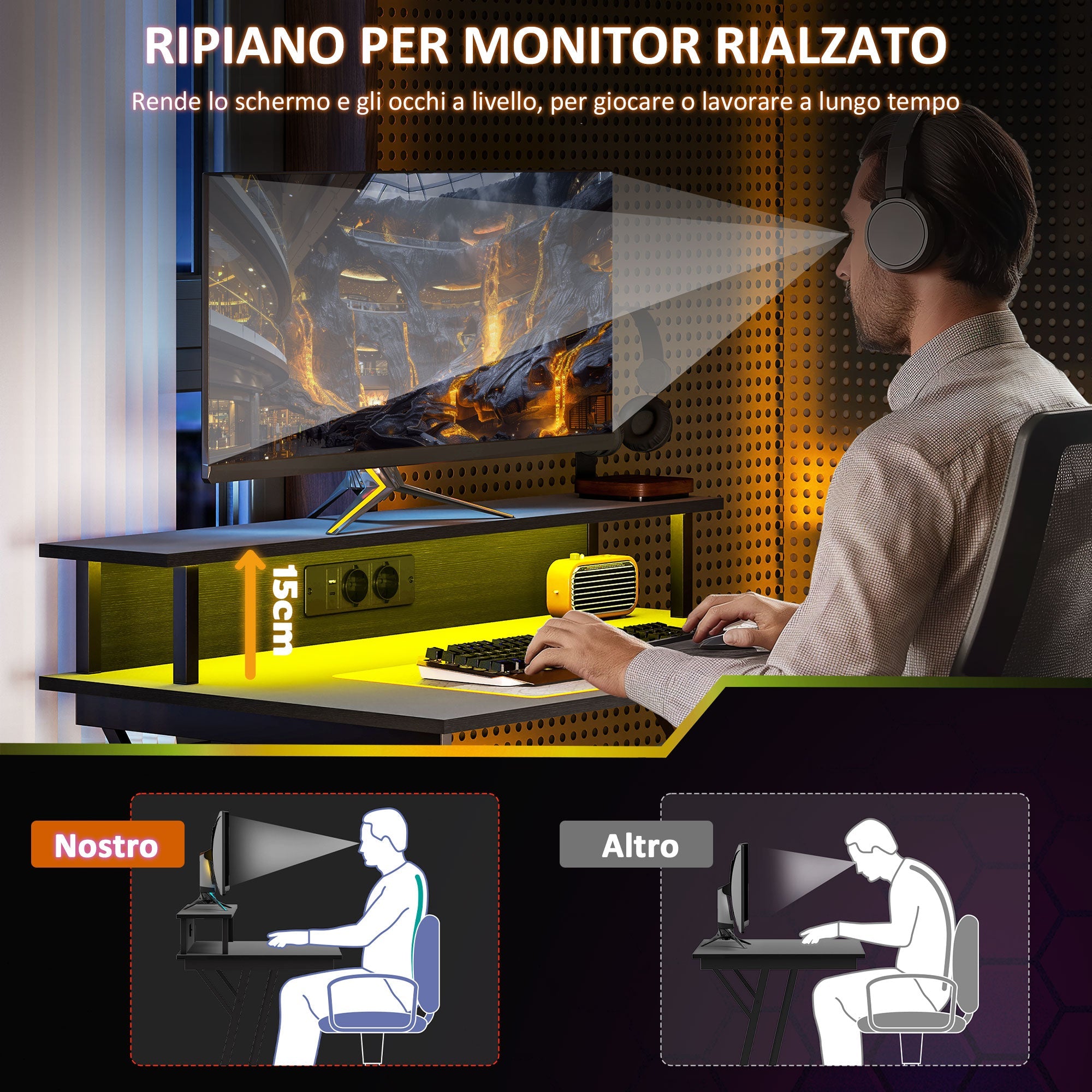 Scrivania Gaming con Luci LED e Supporto per Monitor 100x60x88.5 cm Nero