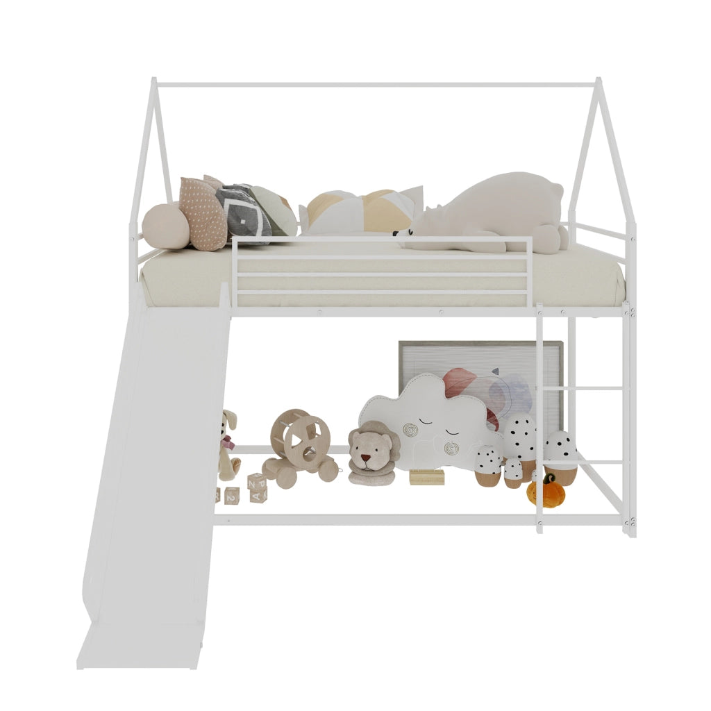 Letto a castello a casetta con scivolo e scala; metallo bianco; 90x190 cm; senza materasso